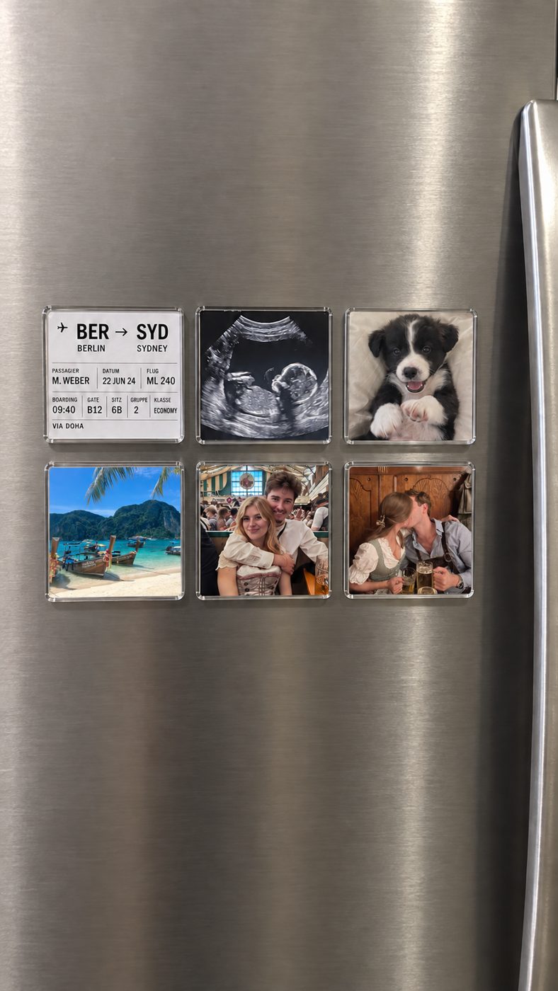 Six photo and ticket magnets on a steel fridge