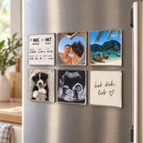 Six magnets on a fridge: boarding pass, photos and a handwritten note